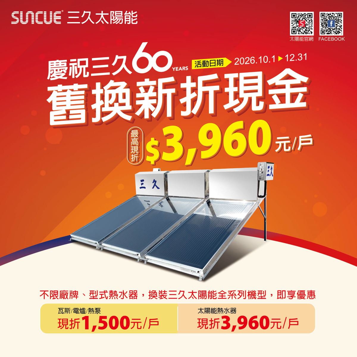 三久60周年 太陽能熱水器 舊換新回饋